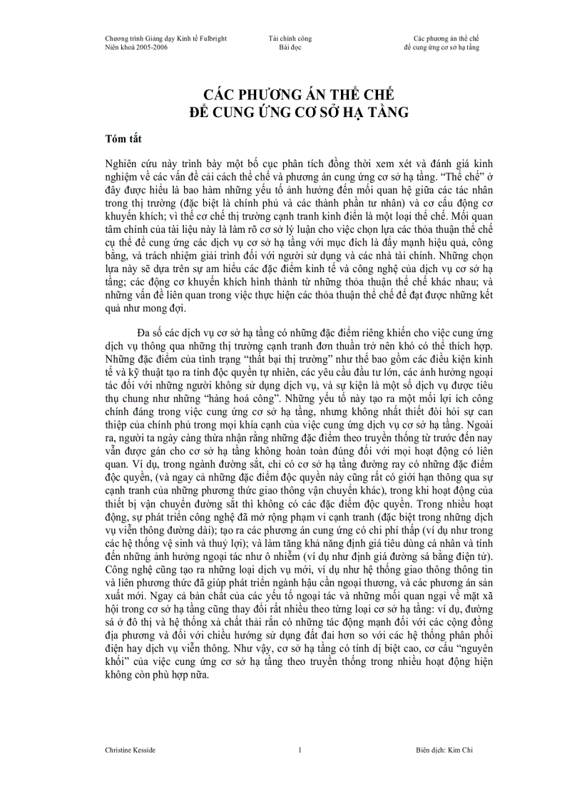 Các phương án thể chế cung ứng cơ sở hạ tầng