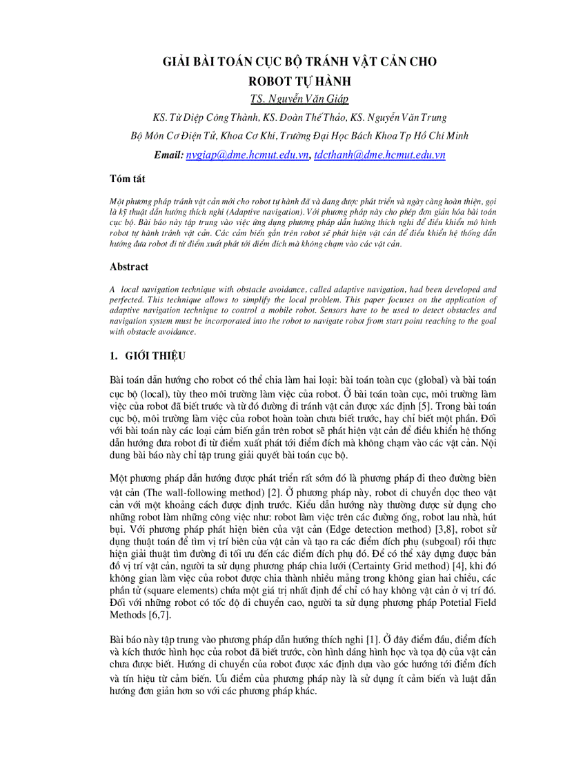 Giải bài toán cục bộ tránh vật cản cho Robot tự hành