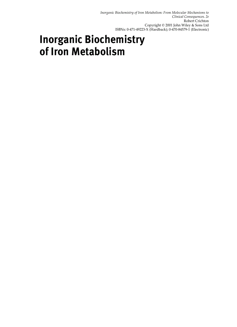 Inorganic Biochemistry of Iron Metabolism 2nd Edition