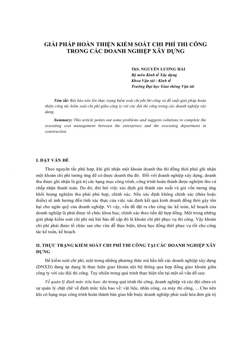 Giải pháp hoàn thiện kiểm soát chi phí thi công trong các DN xây dựng