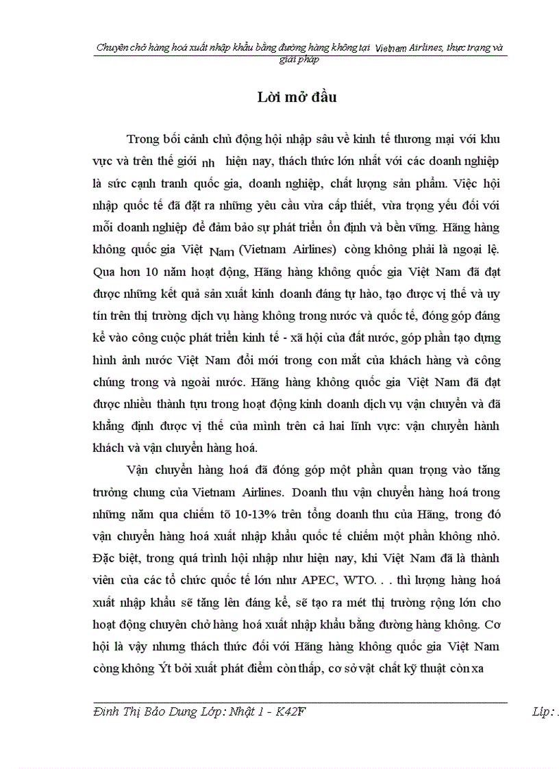 Chuyên chở hàng hoá xuất nhập khẩu bằng đường hàng không tại Vietnam Airlines thực trạng và giải pháp