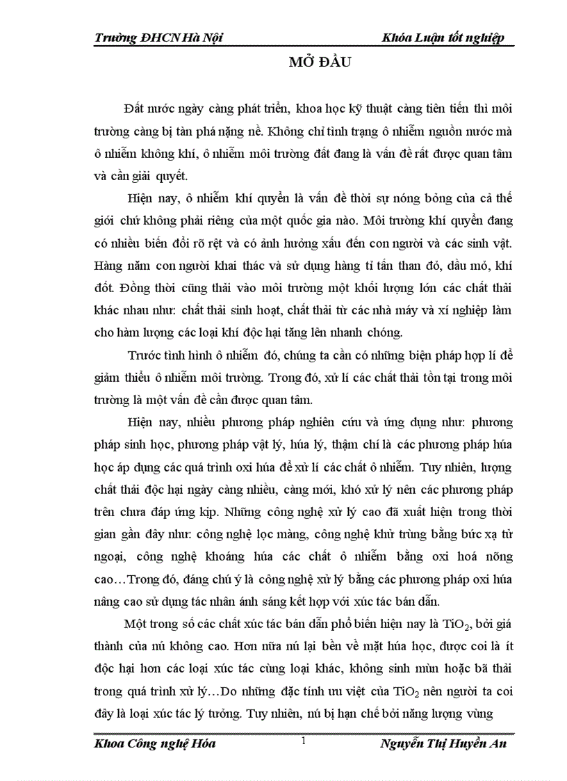 Khảo sát điều kiện tổng hợp và nghiên cứu tính chất quang xúc tác của vật liệu TiO2 biến tính bằng nitrogen ứng dụng trong xử lý môi trường