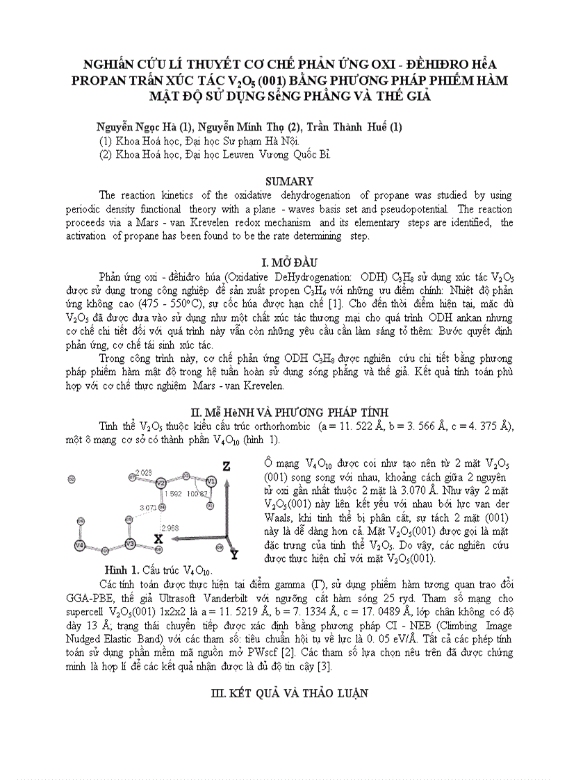 Nghiên cứu lí thuyết cơ chế phản ứng oxi đềhiđro hóa propan trên xúc tác v2o5 001 bằng phương pháp phiếm hàm mật độ sử dụng sóng phẳng và thế giẢ 1