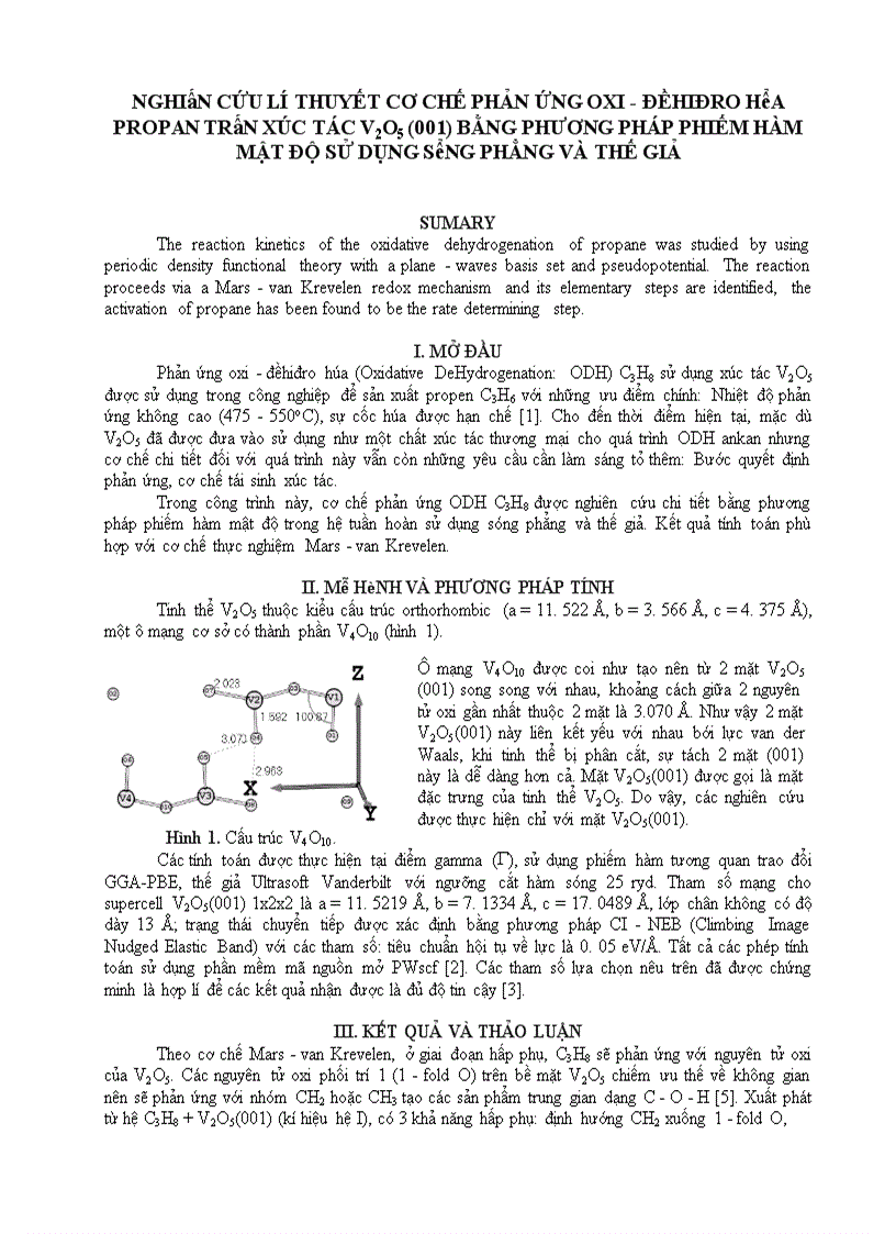 Nghiên cứu lí thuyết cơ chế phản ứng oxi đềhiđro hóa propan trên xúc tác v2o5 001 bằng phương pháp phiếm hàm mật độ sử dụng sóng phẳng và thế giả
