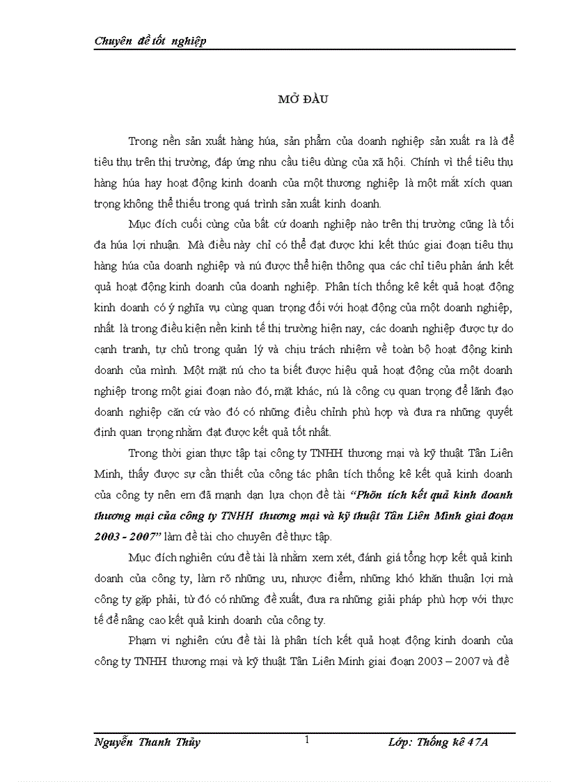 Phân tích kết quả kinh doanh thương mại của công ty TNHH thương mại và kỹ thuật Tân Liên Minh giai đoạn 2003 2007