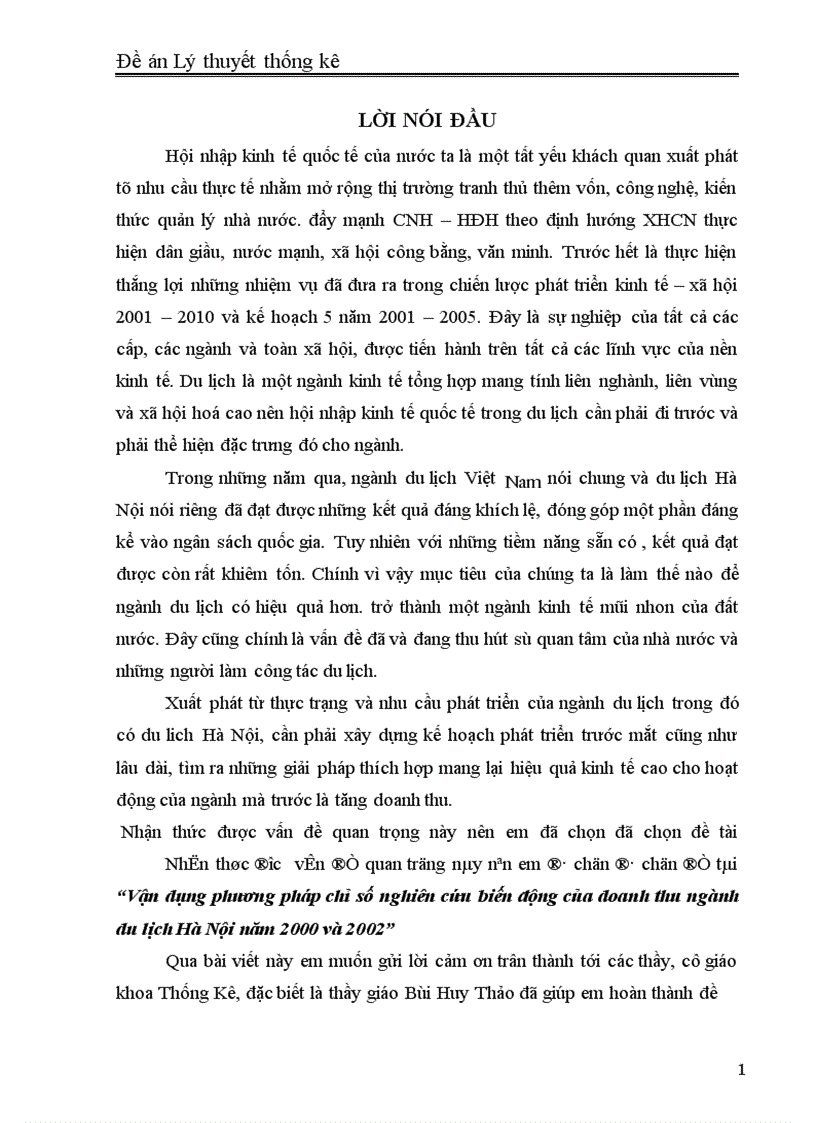 Vận dụng phương pháp chỉ số nghiên cứu biến động của doanh thu ngành du lịch Hà Nội năm 2000 và 2002 1