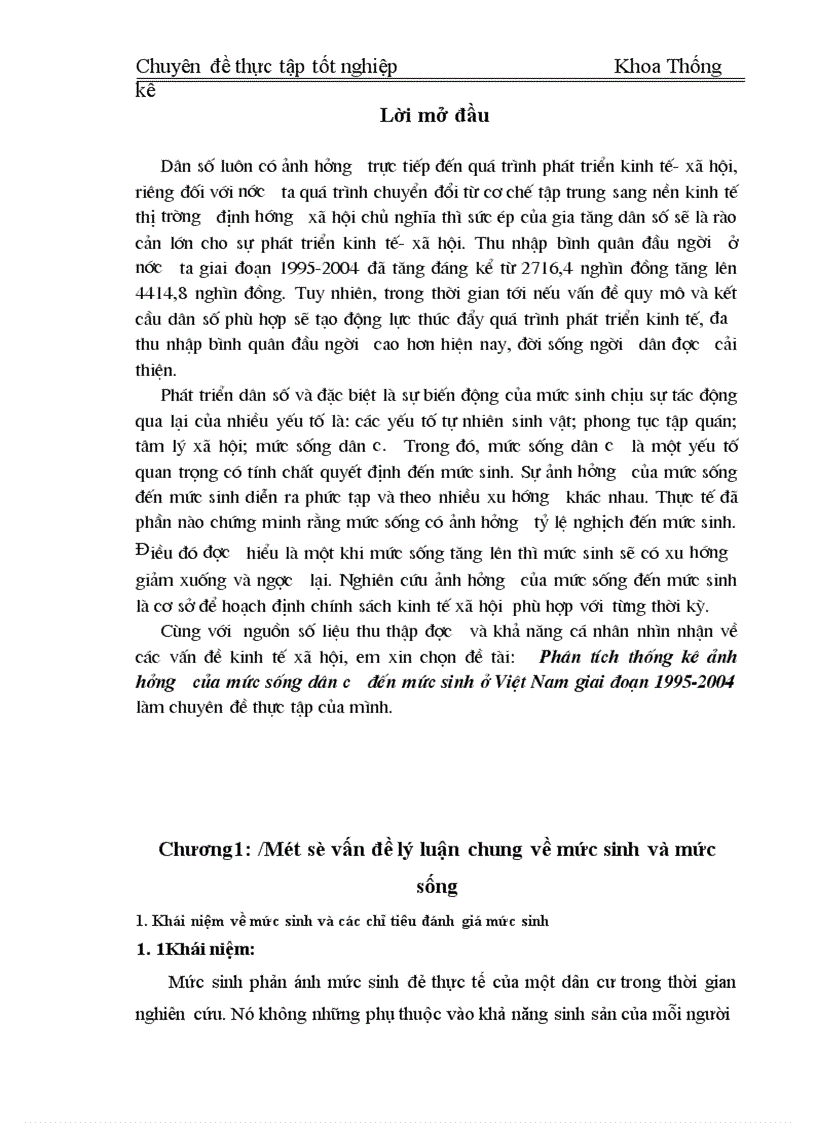 Phân tích thống kê ảnh hưởng của mức sống dân cư đến mức sinh ở Việt Nam giai đoạn 1995 2004 1