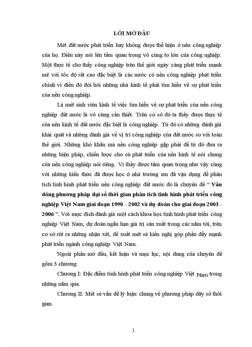 Vân dụng phương pháp đại số thời gian phân tích tình hình phát triển công nghiệp Việt Nam giai đoạn 1990 2002 và dự đoán cho giai đoạn 2003 2006 1