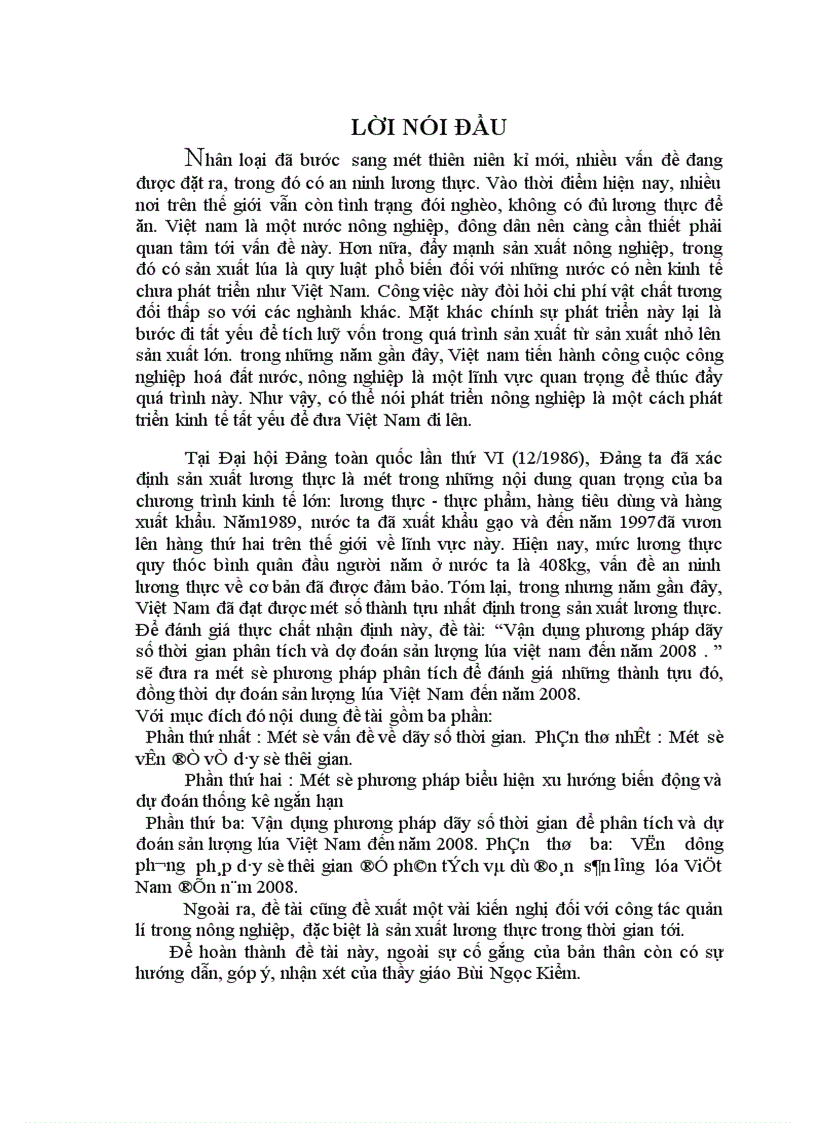 Vận dụng phương pháp dãy số thời gian phân tích và dự đoán sản lượng lúa việt nam đến năm 2008