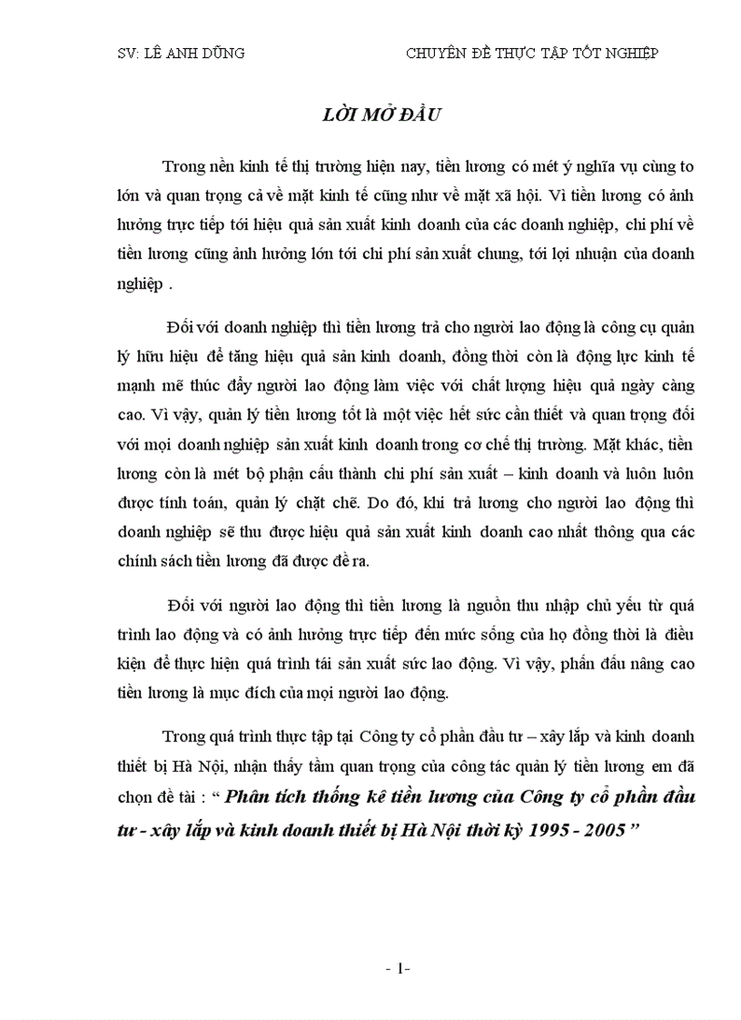 Phân tích thống kê tiền lương của Công ty cổ phần đầu tư xây lắp và kinh doanh thiết bị Hà Nội thời kỳ 1995 2005 1