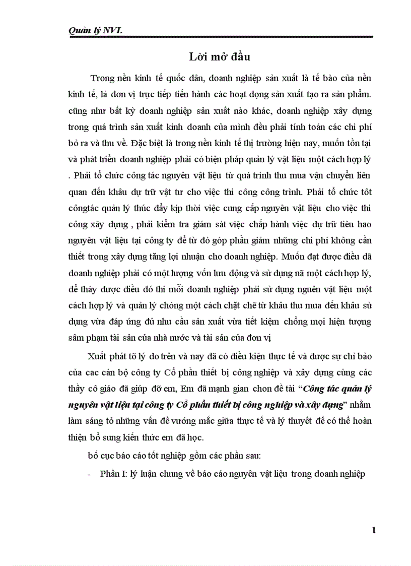 Công tác quản lý nguyên vật liệu tại công ty Cổ phần thiết bị công nghiệp và xây dựng 1