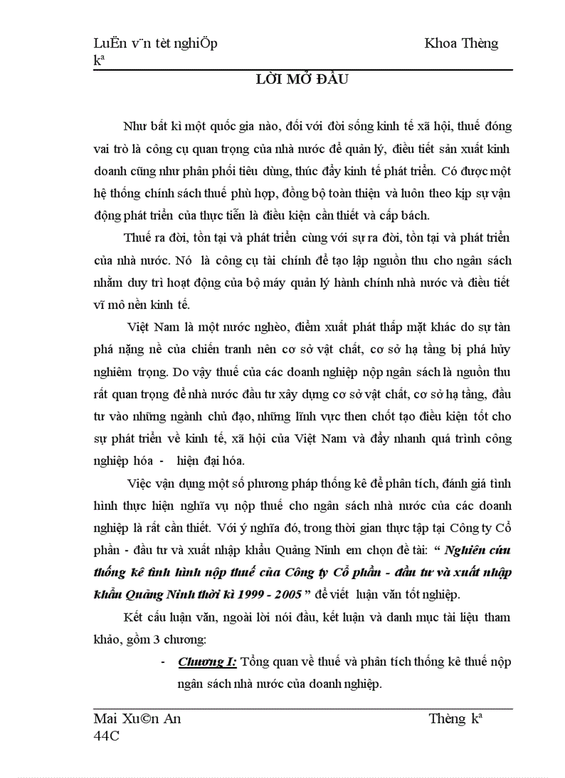 Nghiên cứu thống kê tình hình nộp thuế của Công ty Cổ phần - đầu tư và xuất nhập khẩu Quảng Ninh thời kì 1999 - 2005