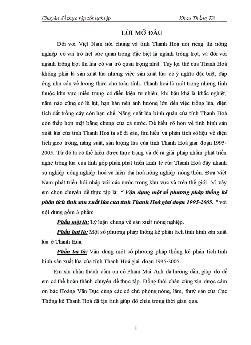 Vận dụng một số phương pháp thống kê phân tích tình sản xuất lúa của tỉnh Thanh Hoá giai đoạn 1995 2005 1