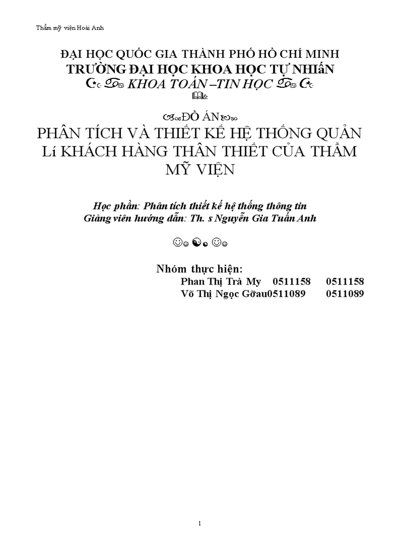 phân tích và thiết kế hệ thống quản lý khách hàng thân thiết của thẩm mỹ viện