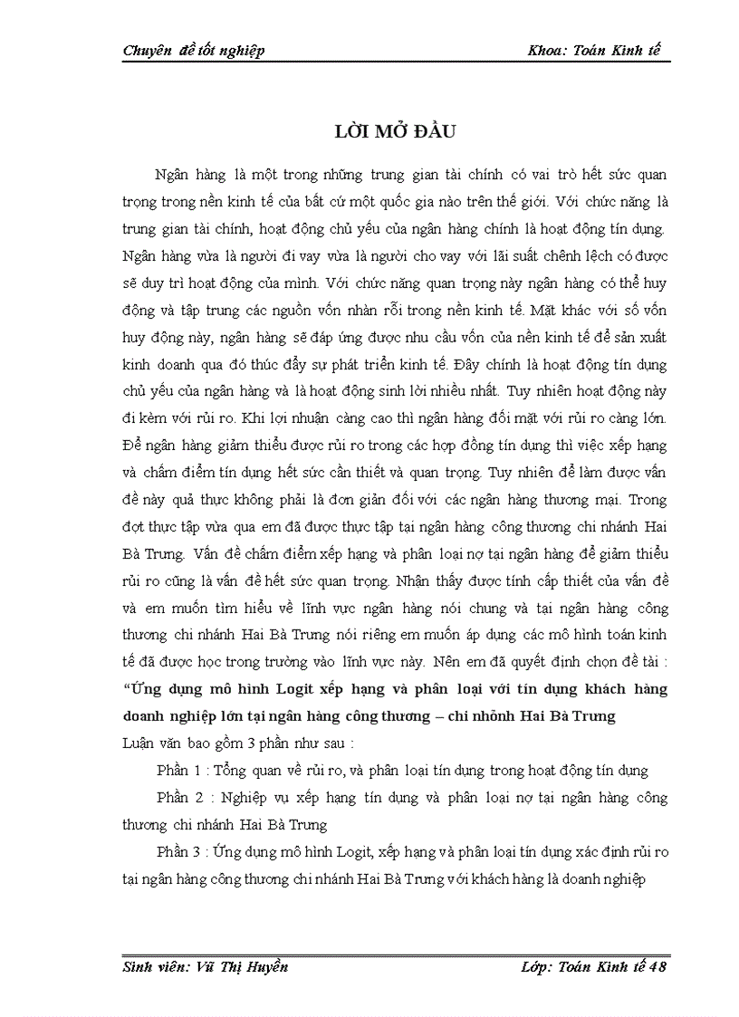 Ứng dụng mô hình Logit xếp hạng và phân loại với tín dụng khách hàng doanh nghiệp lớn tại ngân hàng công thương chi nhánh Hai Bà Trưng
