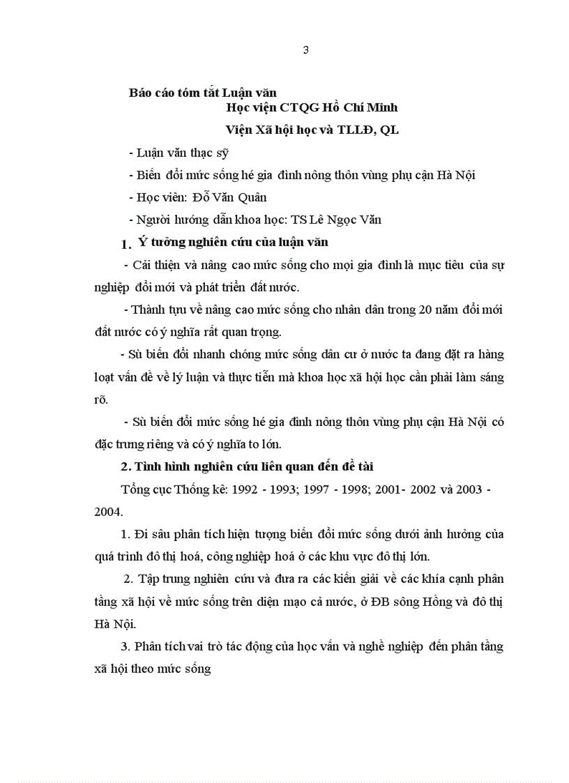 Báo cáo tóm tắt Luận văn Biến đổi mức sống hộ gia đình nông thôn vùng phụ cận Hà Nội