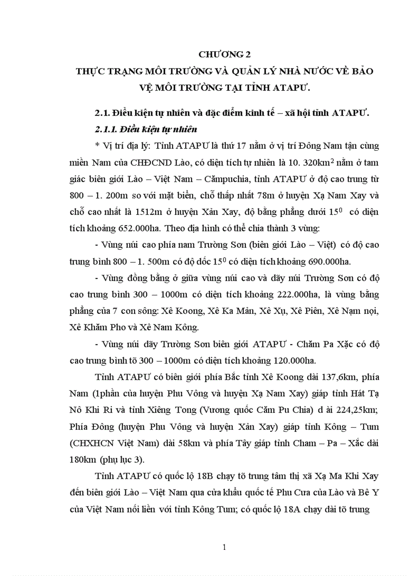 Thực trạng môi trường và quản lý nhà nước về bảo vệ môi trường tại tỉnh ATAPƯ