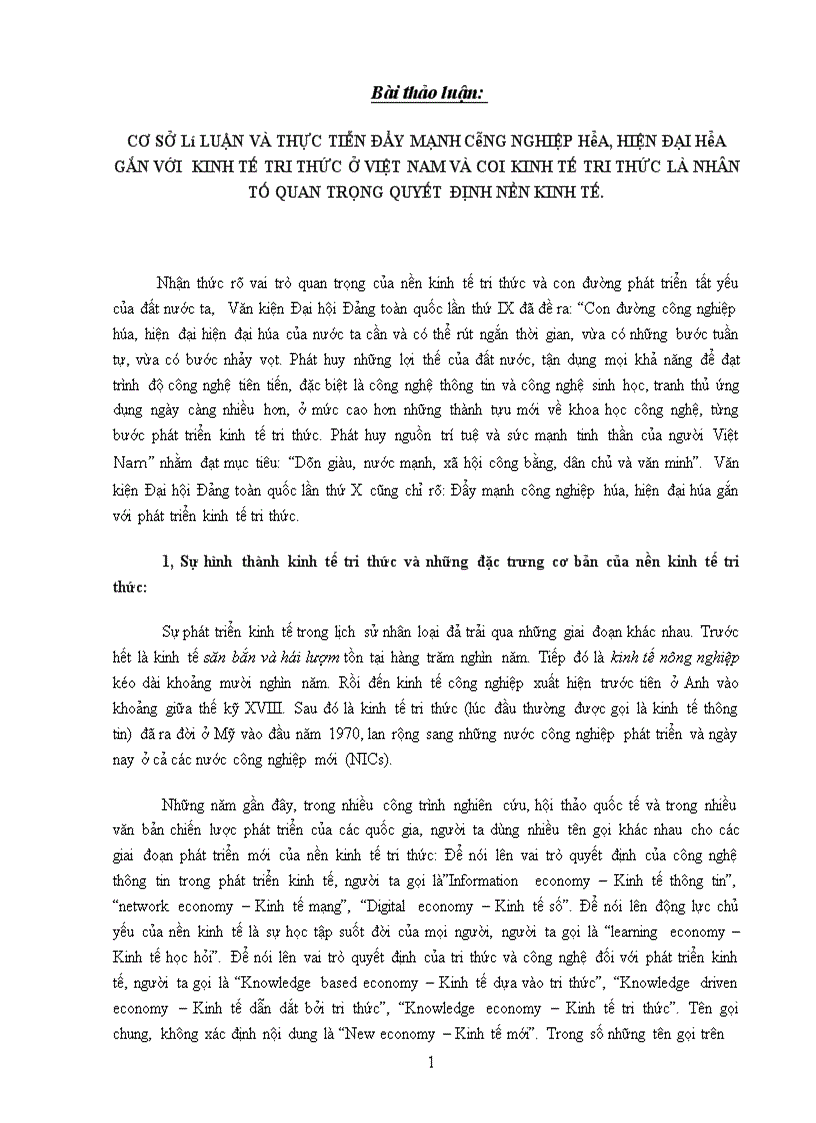 Cơ sở lý luận và thực tiễn đẩy mạnh công nghiệp hóa hiện đại hóa gắn với kinh tế tri thức ở việt nam và coi kinh tế tri thức là nhân tố quan trọng quyết định nền kinh tế 1
