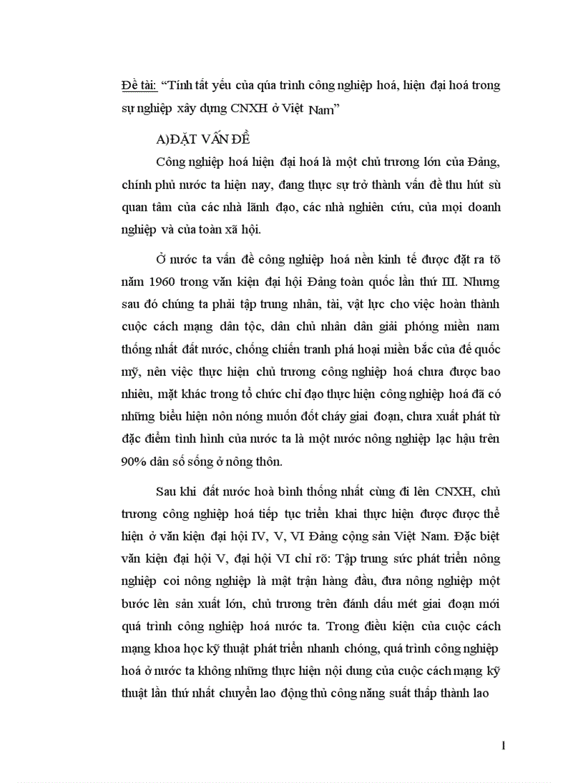 Tính tất yếu của qúa trình công nghiệp hoá hiện đại hoá trong sự nghiệp xây dựng CNXH ở Việt Nam 1