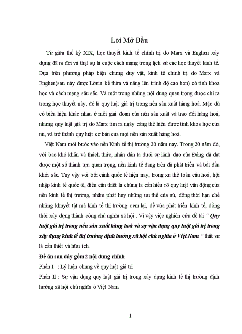Quy luật giá trị trong nền sản xuất hàng hoá và sự vận dụng quy luật giá trị trong xây dựng kinh tế thị trường định hướng xã hội chủ nghĩa ở Việt Nam 1
