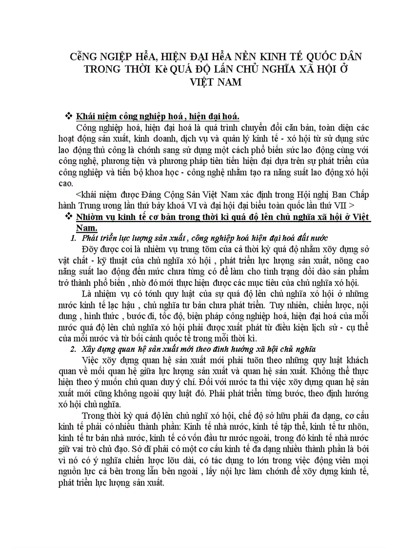 Công ngiệp hóa hiện đại hóa nền kinh tế quốc dân trong thời kì quá độ lên chủ nghĩa xã hội ở việt nam