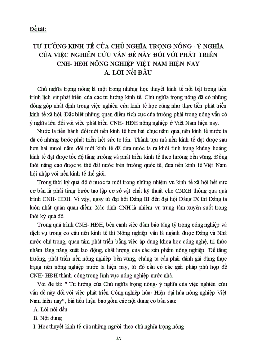 Tư tưởng kinh tế của chủ nghĩa trọng nông ý nghĩa của việc nghiên cứu vấn đề này đối với phát triển cnh hđh nông nghiệp việt nam hiện nay