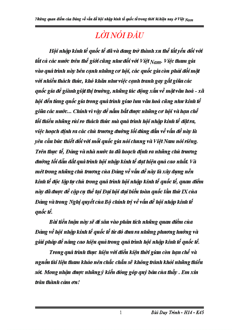 Những quan điểm của Đảng về vấn đề hội nhập kinh tế quốc tế trong thời kì hiện nay ở Việt Nam