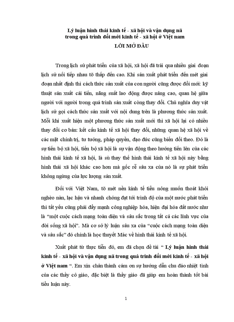 Lý luận hình thái kinh tế xã hội và vận dụng nó trong quá trình đổi mới kinh tế xã hội ở Việt nam 1