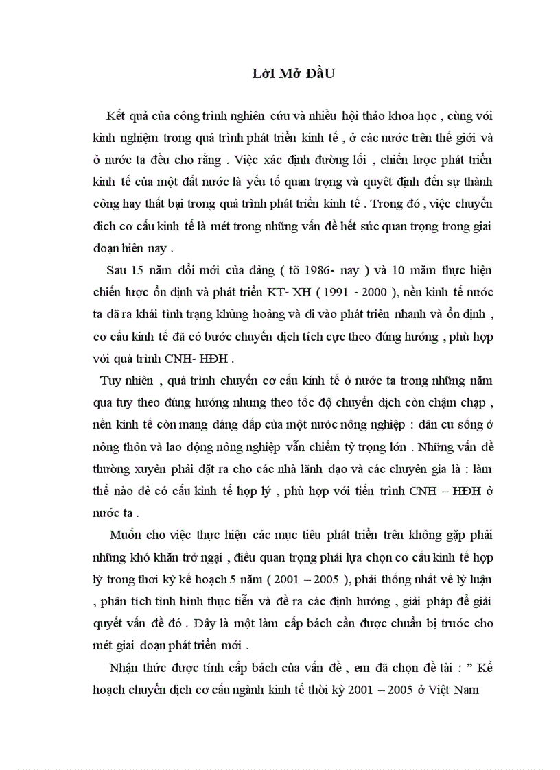 Kế hoạch chuyển dịch cơ cấu ngành kinh tế thời kỳ 2001 2005 ở Việt Nam và giải pháp thực hiện 1