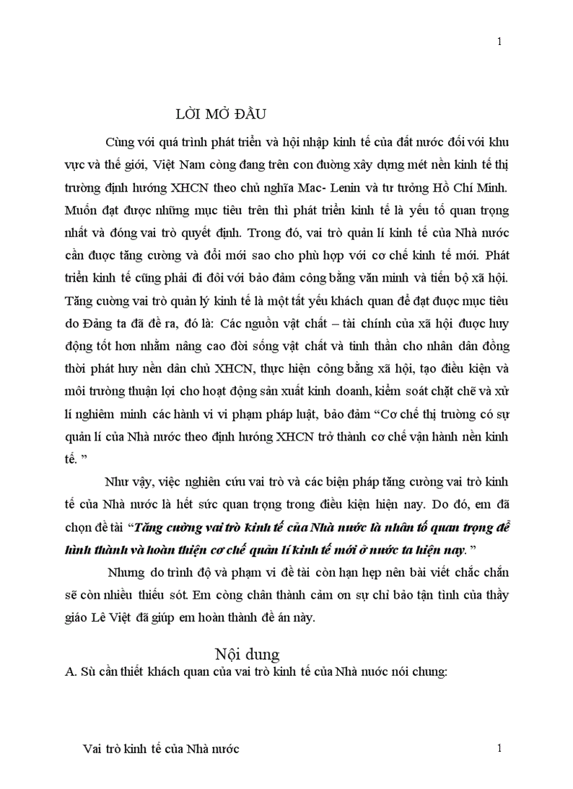 Tăng cường vai trò kinh tế của Nhà nước là nhân tố quan trọng để hình thành và hoàn thiện cơ chế quản lí kinh tế mới ở nước ta hiện nay 1