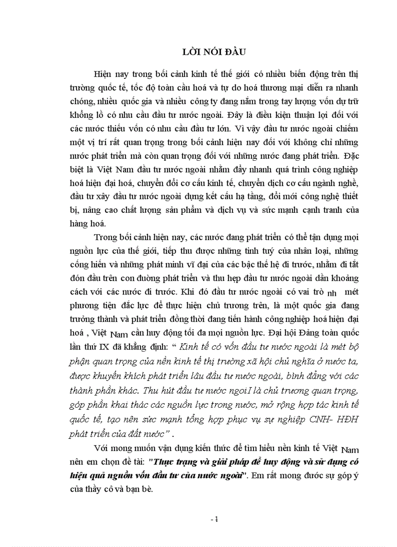 Thực trạng và giải pháp để huy động và sử dụng có hiệu quả nguồn vốn đầu tư của nước ngoài 1