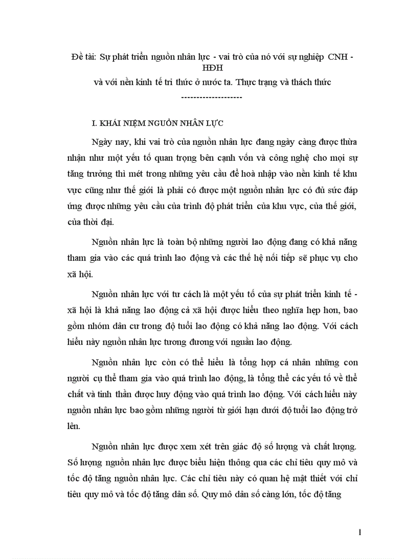 Sự phát triển nguồn nhân lực vai trò của nó với sự nghiệp CNH HĐH và với nền kinh tế tri thức ở nước ta 1
