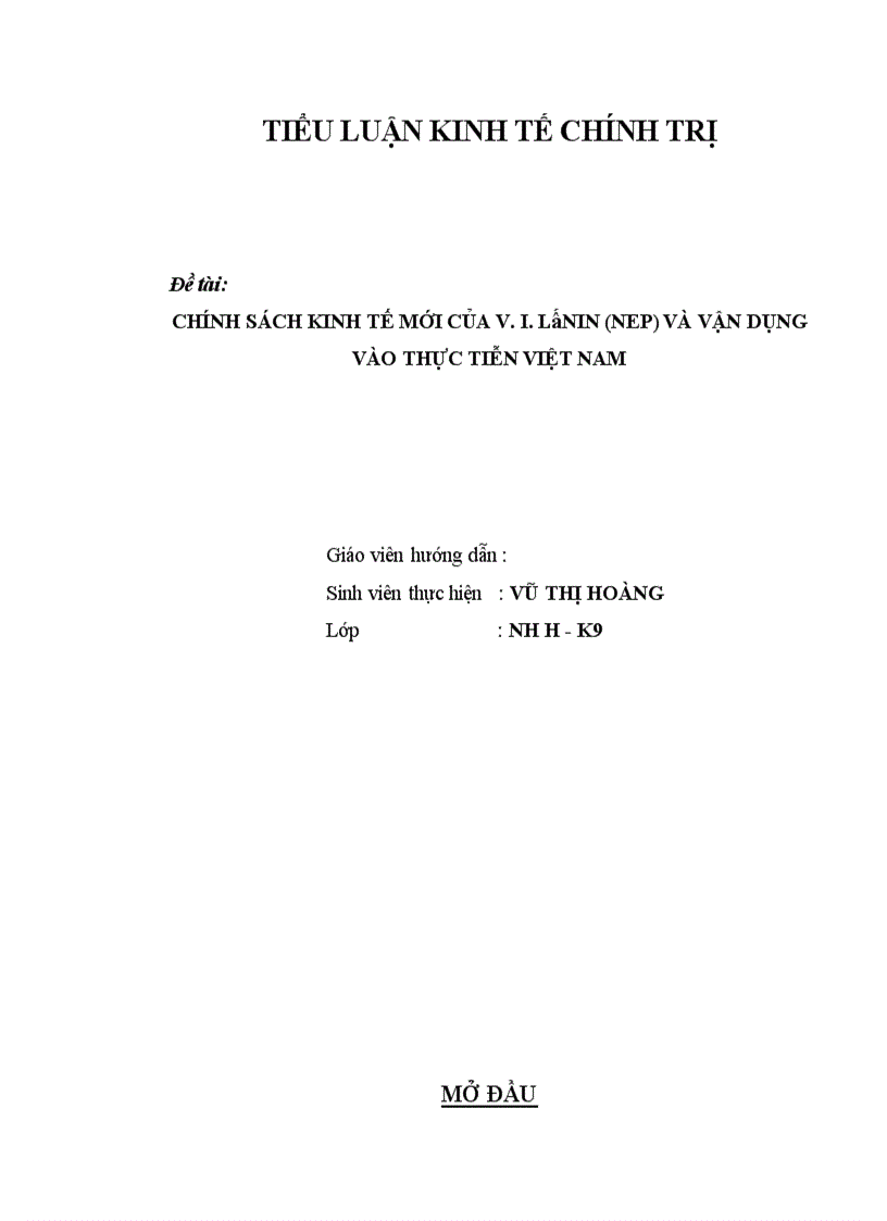 Chính sách kinh tế mới của V I LÊNIN NEP và vận dụng vào thực tiễn Việt Nam 1