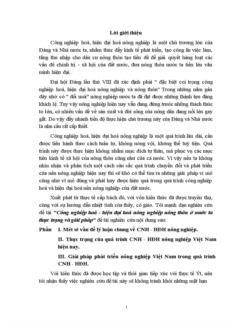 Công nghiệp hoá hiện đại hoá nông nghiệp nông thôn ở nước ta thực trạng và giải pháp đề tài nghiên cứu nội dung sau