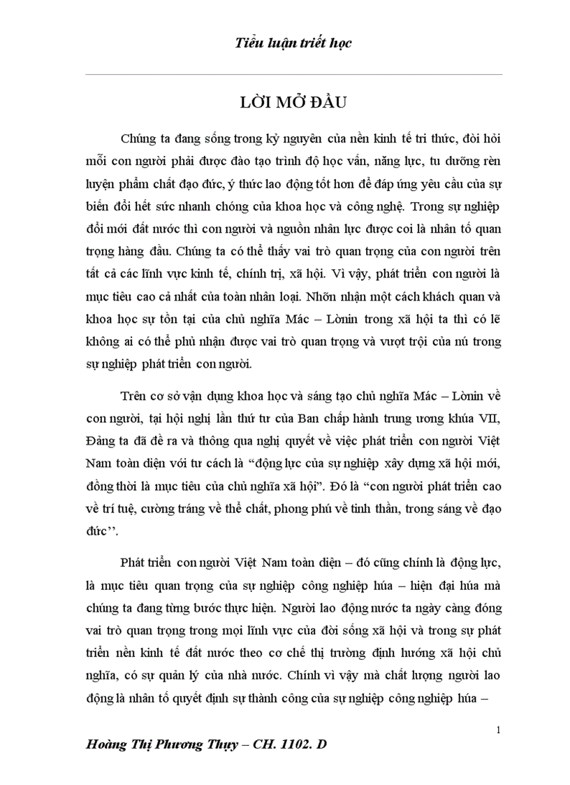 Lý luận của chủ nghĩa Mác Lênin về con người và vai trò của con người trong sự nghiệp công nghiệp hóa hiện đại hóa đất nước 1