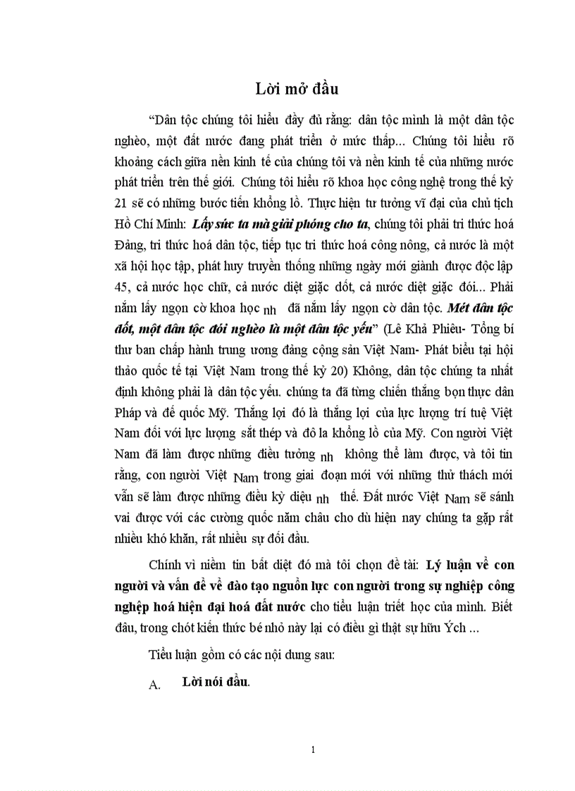 Lý luận về con người và vấn đề về đào tạo nguồn lực con người trong sự nghiệp công nghệp hoá hiện đại hoá đất nước cho tiểu luận triết học của mình 1
