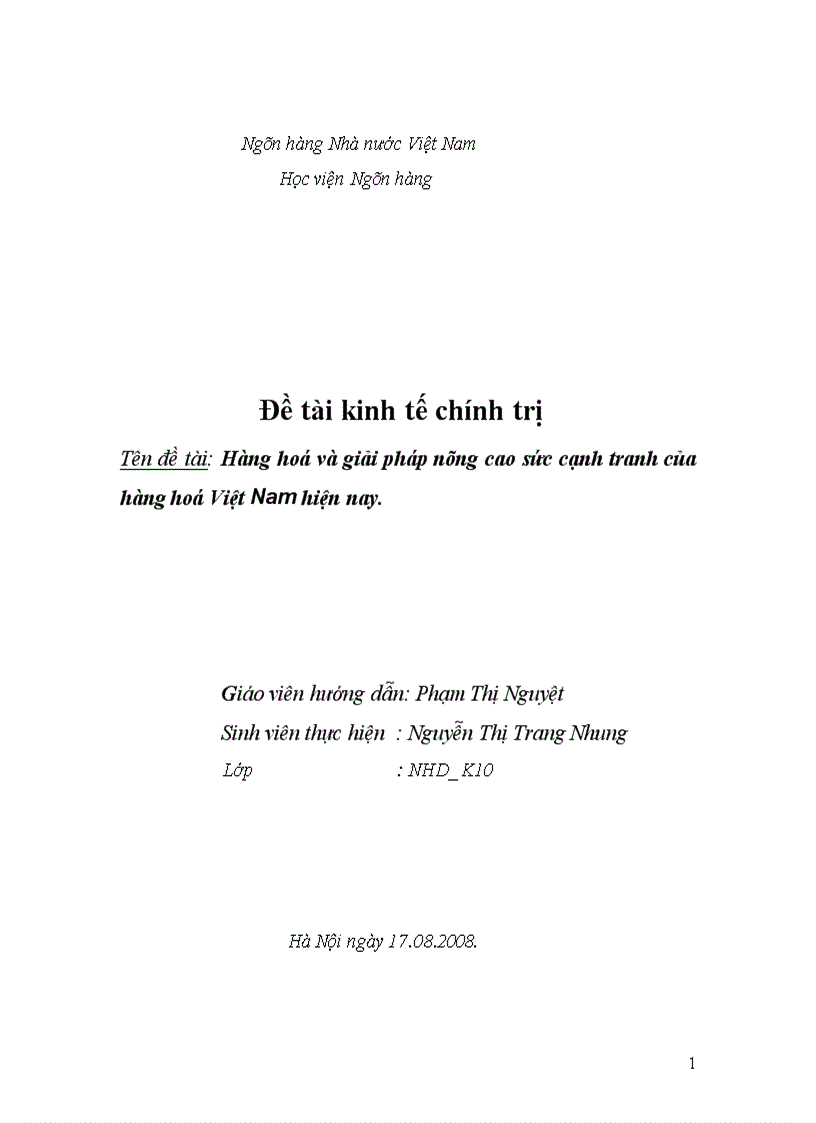 Hàng hoá và giải pháp nâng cao sức cạnh tranh của hàng hoá Việt Nam hiện nay