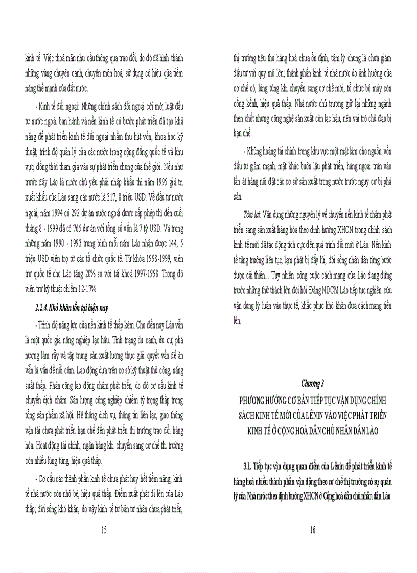 Phương hướng cơ bản tiếp tục vận dụng chính sách kinh tế mới của Lênin vào việc phát triển kinh tế ở cộng hoà dân chủ nhân dân Lào