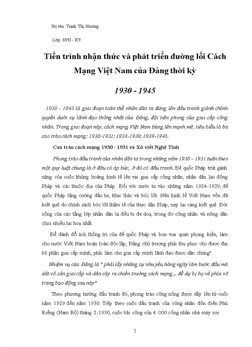 Tiến trình nhận thức và phát triển đường lối Cách Mạng Việt Nam của Đảng thời kỳ 1930 1945