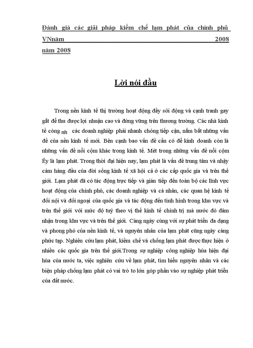 Đánh giá các giải pháp kiềm chế lạm phát của chính phủ VN năm 2008