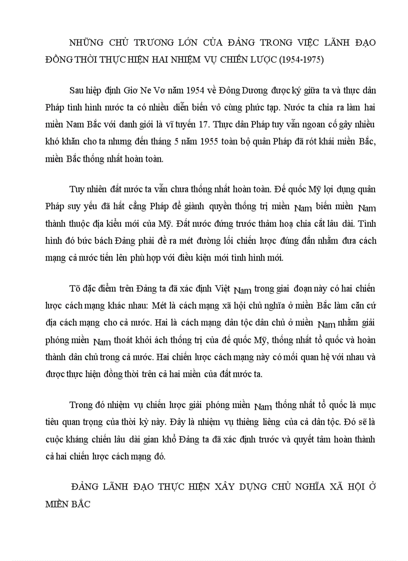 Những chủ trương lớn của Đảng trong việc lãnh đạo đồng thời thực hiện hai nhiệm vụ chiến lược 1954 1975