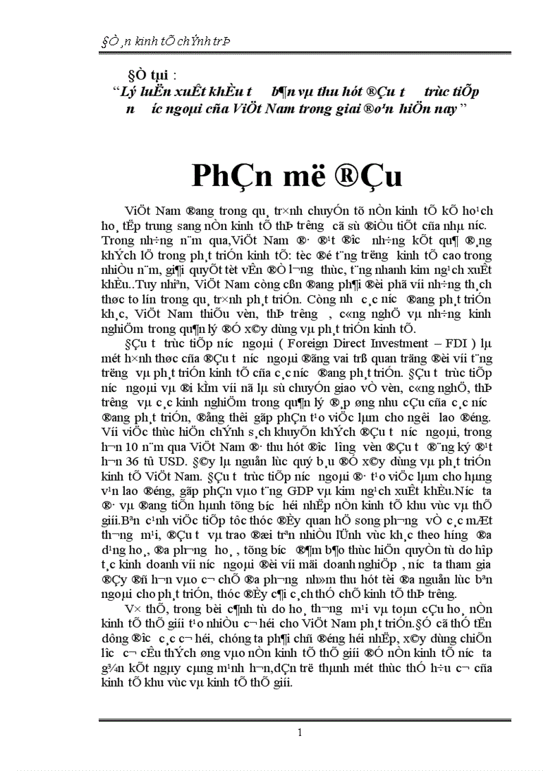 Đề án kinh tế chính trị Lý luận xuất khẩu tư bản và thu hút đầu tư trực tiếp nước ngoài của Việt Nam trong giai đoạn hiện nay