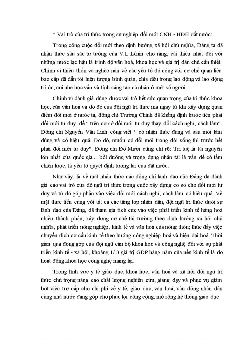Vai trò của trí thức trong sự nghiệp đổi mới CNH HĐH đất nước
