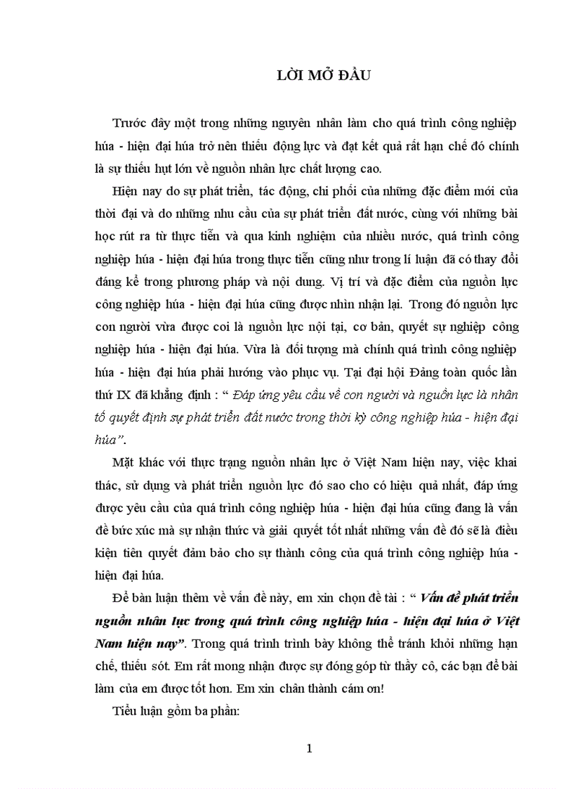Vấn đề phát triển nguồn nhân lực trong quá trình công nghiệp hóa hiện đại hóa ở Việt Nam hiện nay 1