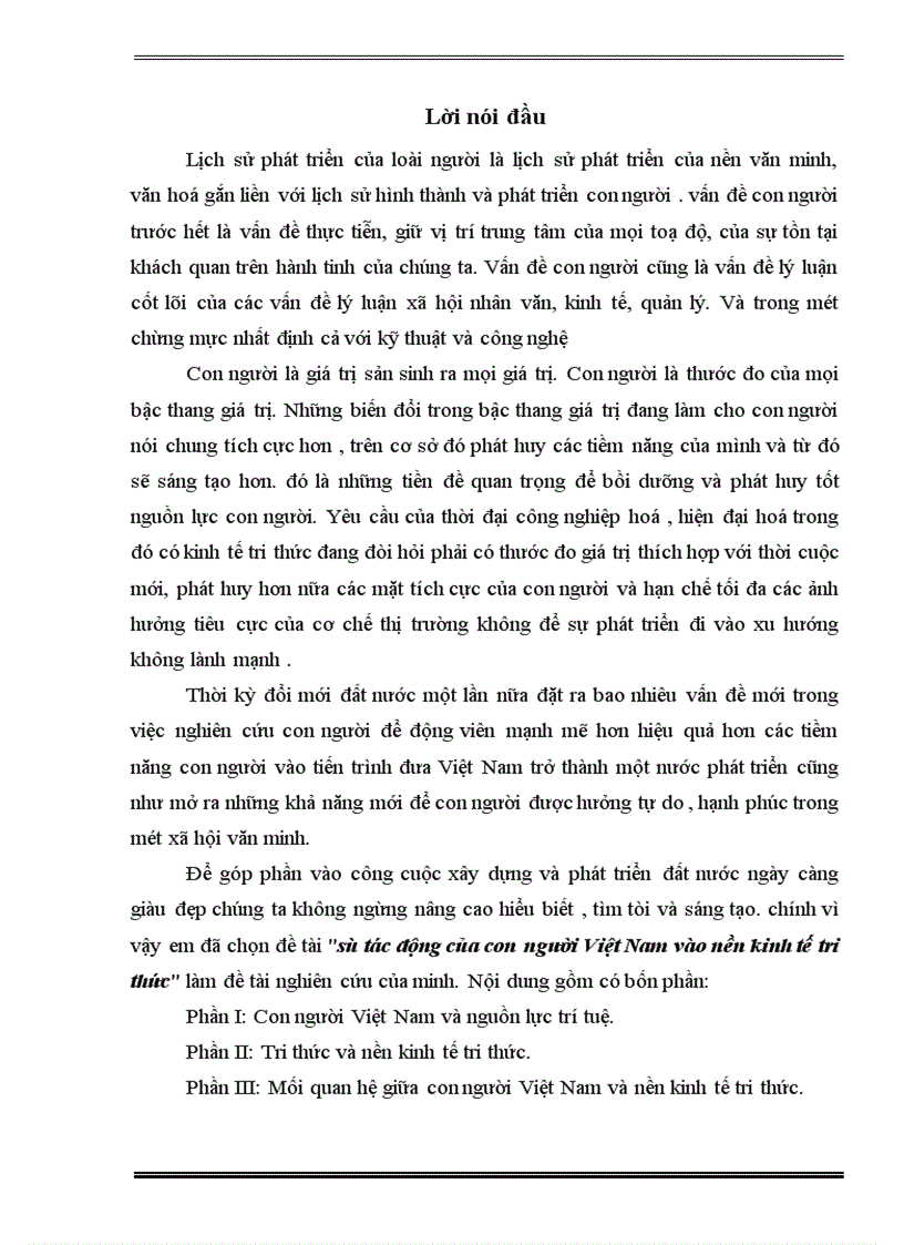 sự tác động của con người Việt Nam vào nền kinh tế tri thức