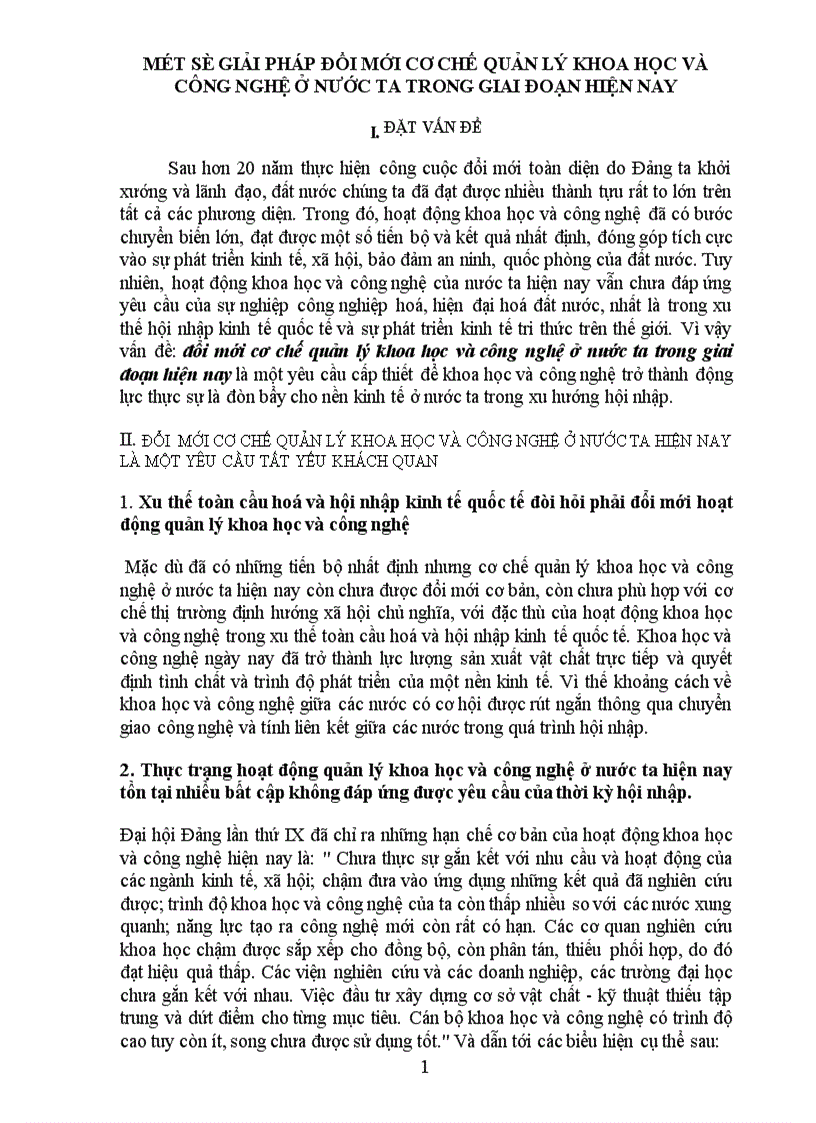 Một số giải pháp đổi mới cơ chế quản lý khoa học và công nghệ ở nước ta trong giai đoạn hiện nay 1