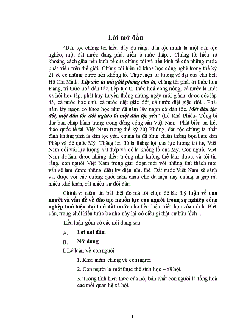 Lý luận về con người và vấn đề về đào tạo nguồn lực con người trong sự nghiệp công nghệp hoá hiện đại hoá đất nước 1