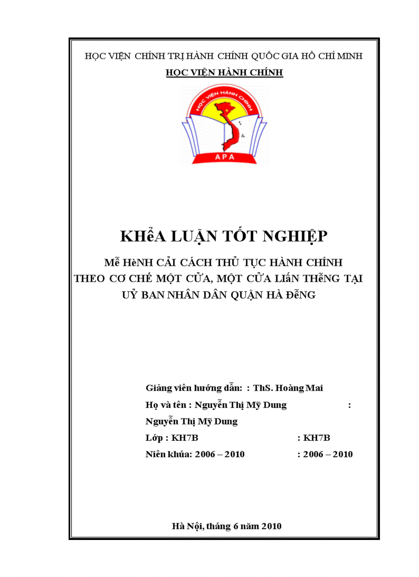 Mô hình cải cách thủ tục hành chính theo cơ chế một cửa một cửa liên thông tại Uỷ ban nhân dân Quận Hà Đông