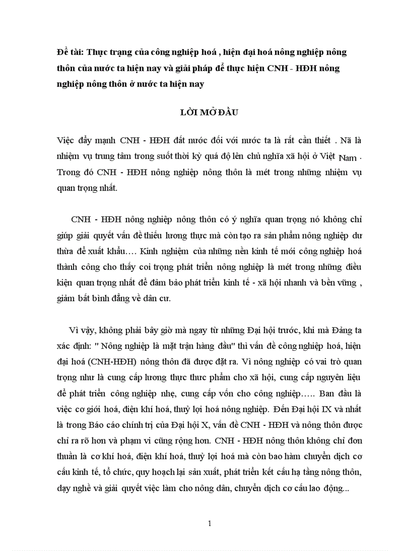 Thực trạng của công nghiệp hoá hiện đại hoá nông nghiệp nông thôn của nước ta hiện nay và giải pháp để thực hiện CNH HĐH nông nghiệp nông thôn ở nước ta hiện nay 1