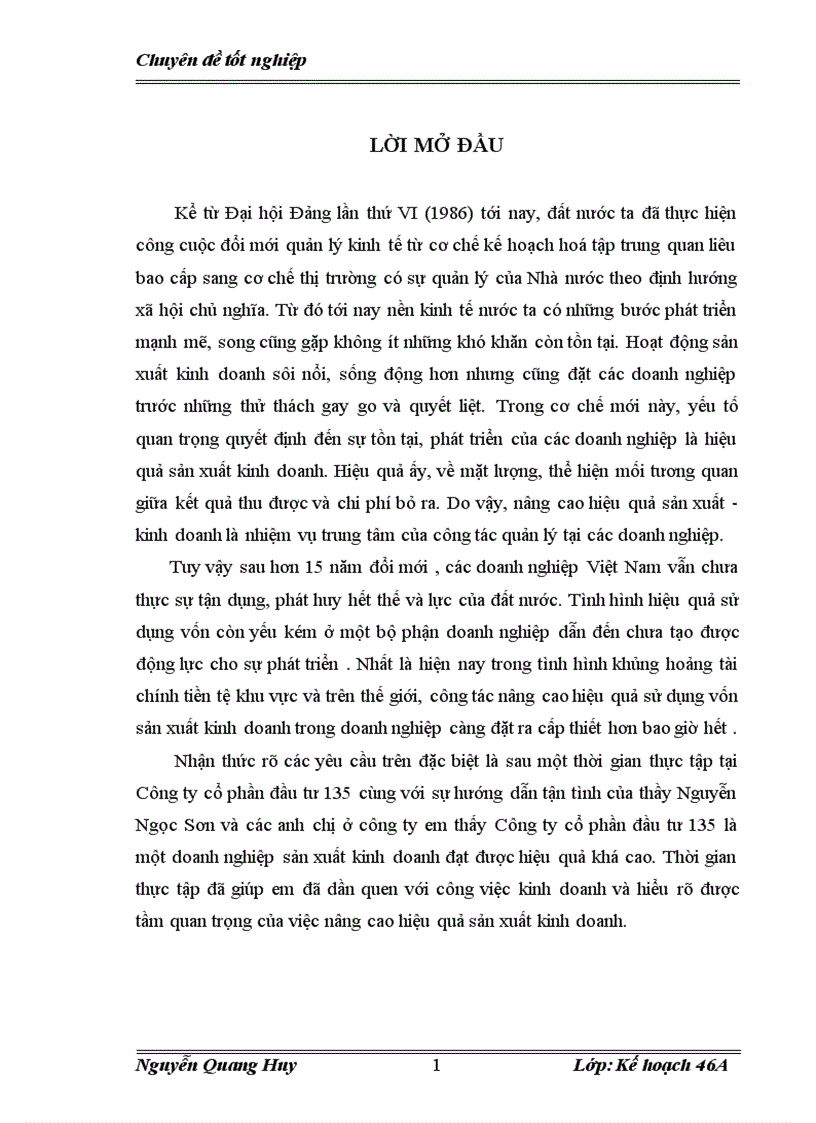 Một số biện pháp nâng cao hiệu quả sản xuất kinh doanh của công ty cổ phần đầu tư 135